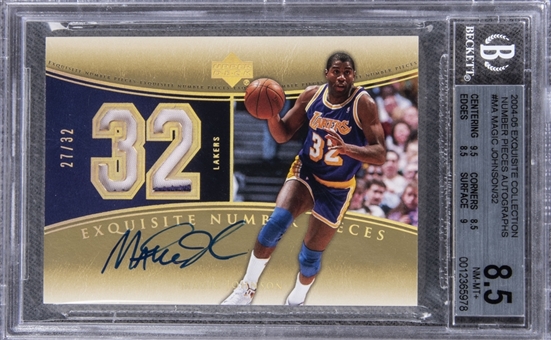 2004-05 UD "Exquisite Collection" Number Piece Autographs #MA Magic Johnson Signed Game Used Patch Card (#27/32) – BGS NM-MT+ 8.5/BGS 10